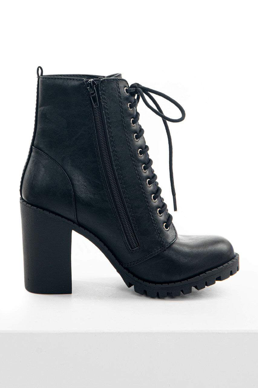 Black Faux Leather Heeled Combat Booties 