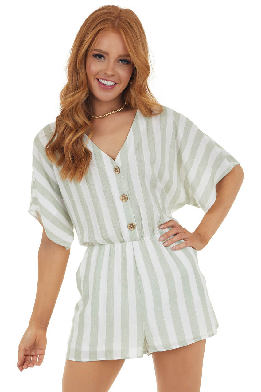 Sage and Ivory Striped Romper with Short Sleeves