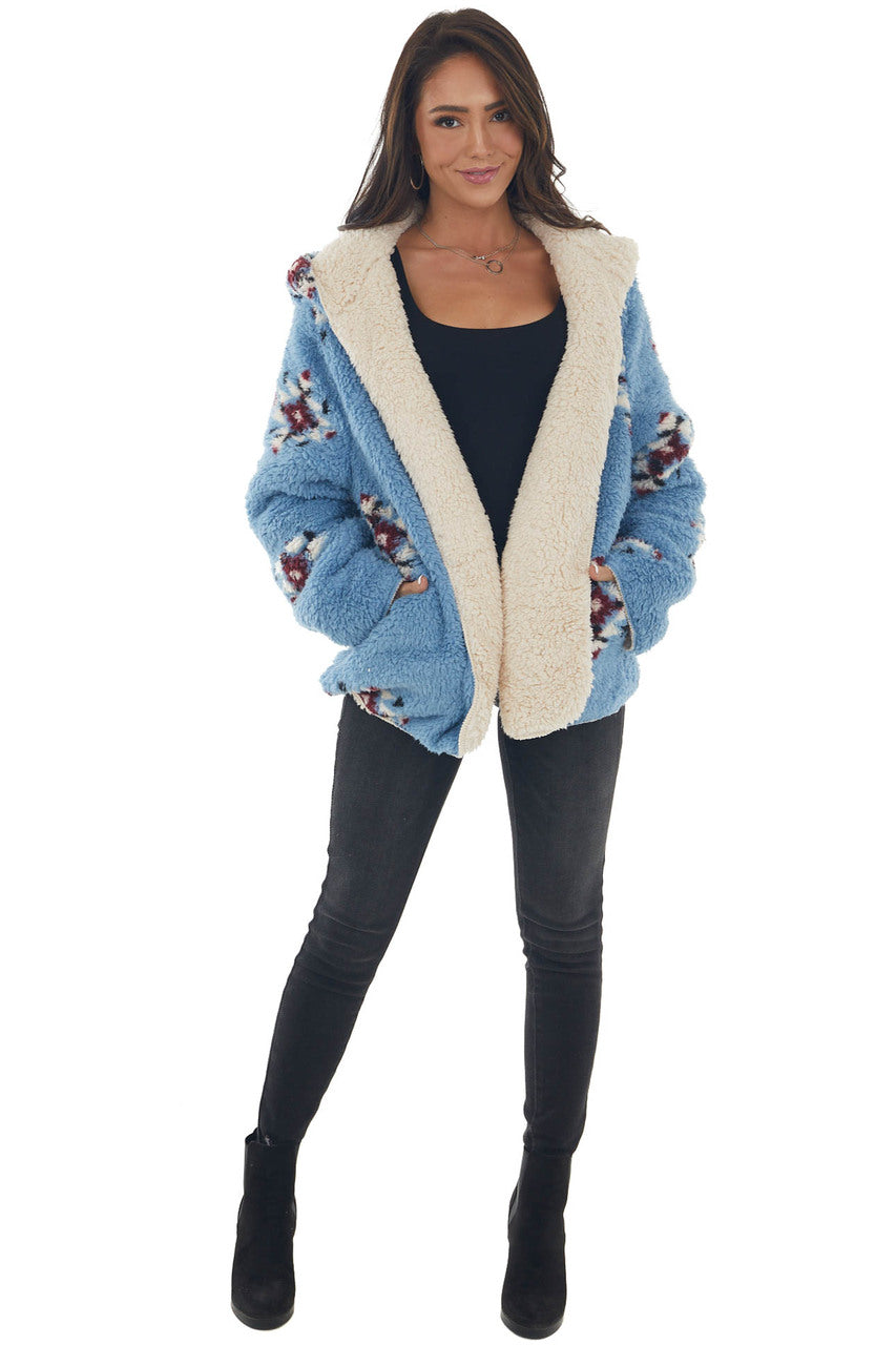 Powder Blue Aztec Reversible Sherpa Jacket 