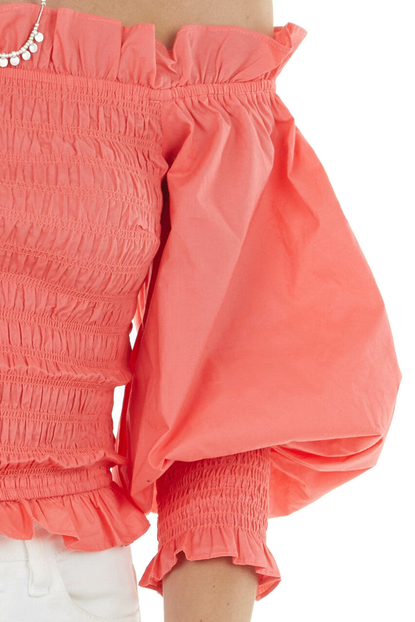 Bright Coral Smocked Off the Shoulder Top with Long Sleeves