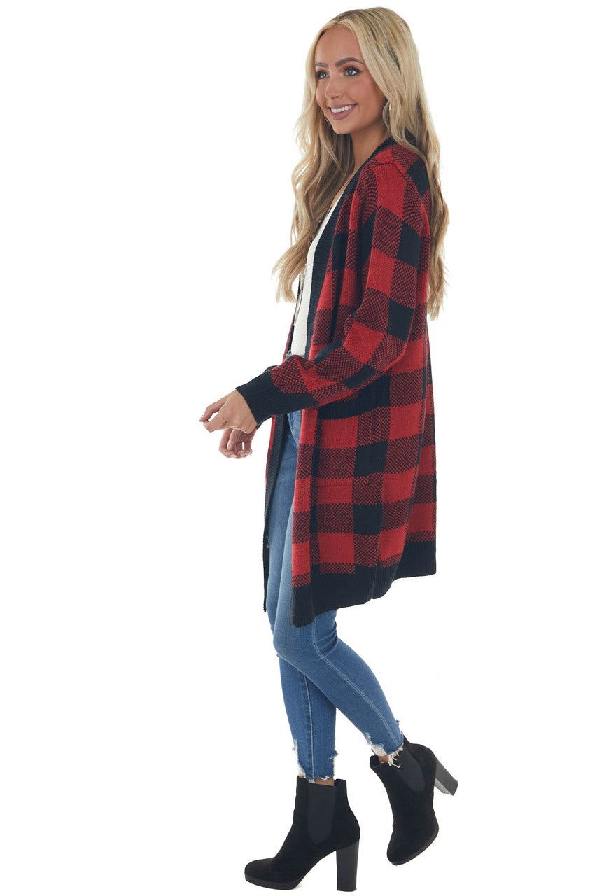 Pomegranate Buffalo Plaid Puff Sleeve Cardigan