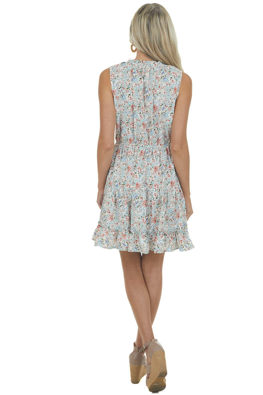 Arctic Blue Floral Ruffle Tiered Short Dress 