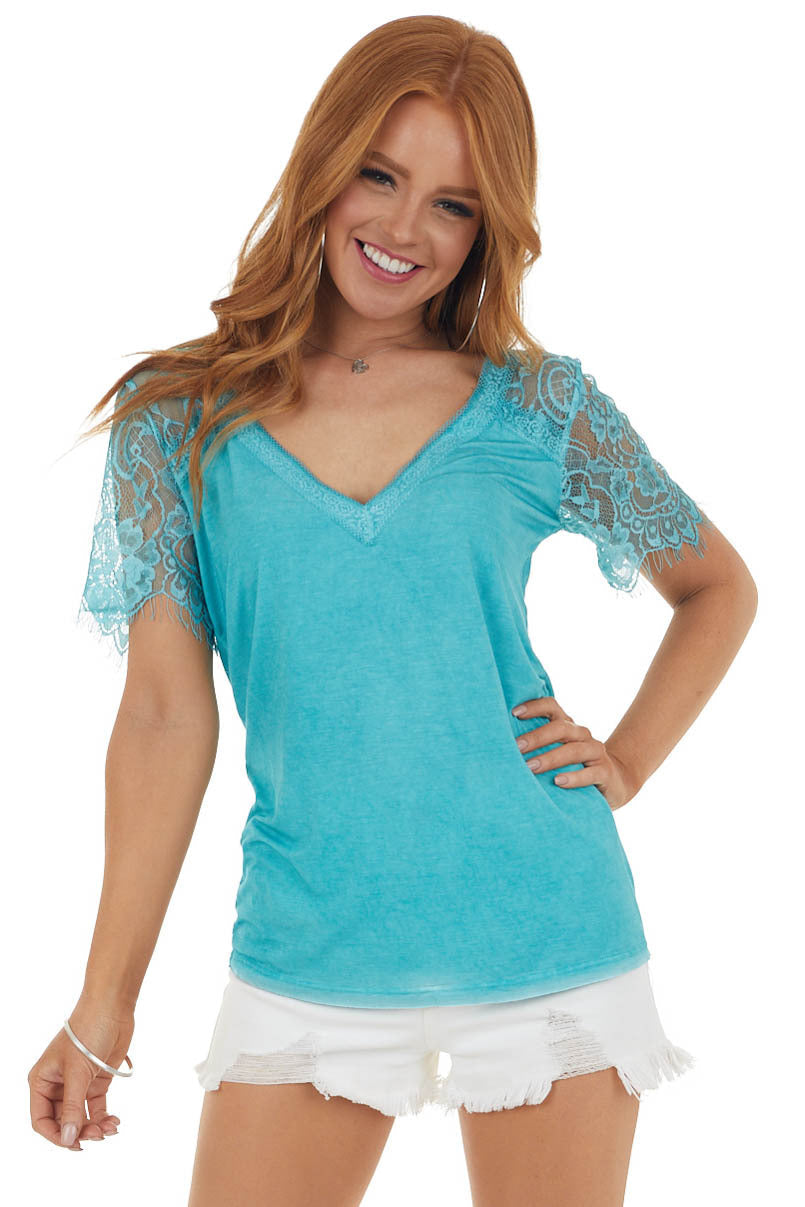 Teal V Neck Short Sleeve Top with Lace Detail