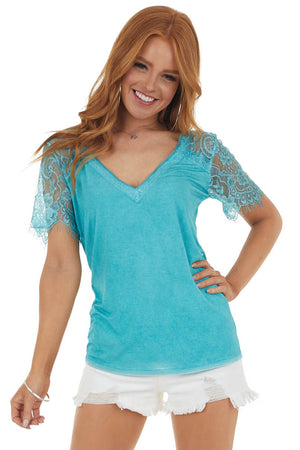 Teal V Neck Short Sleeve Top with Lace Detail