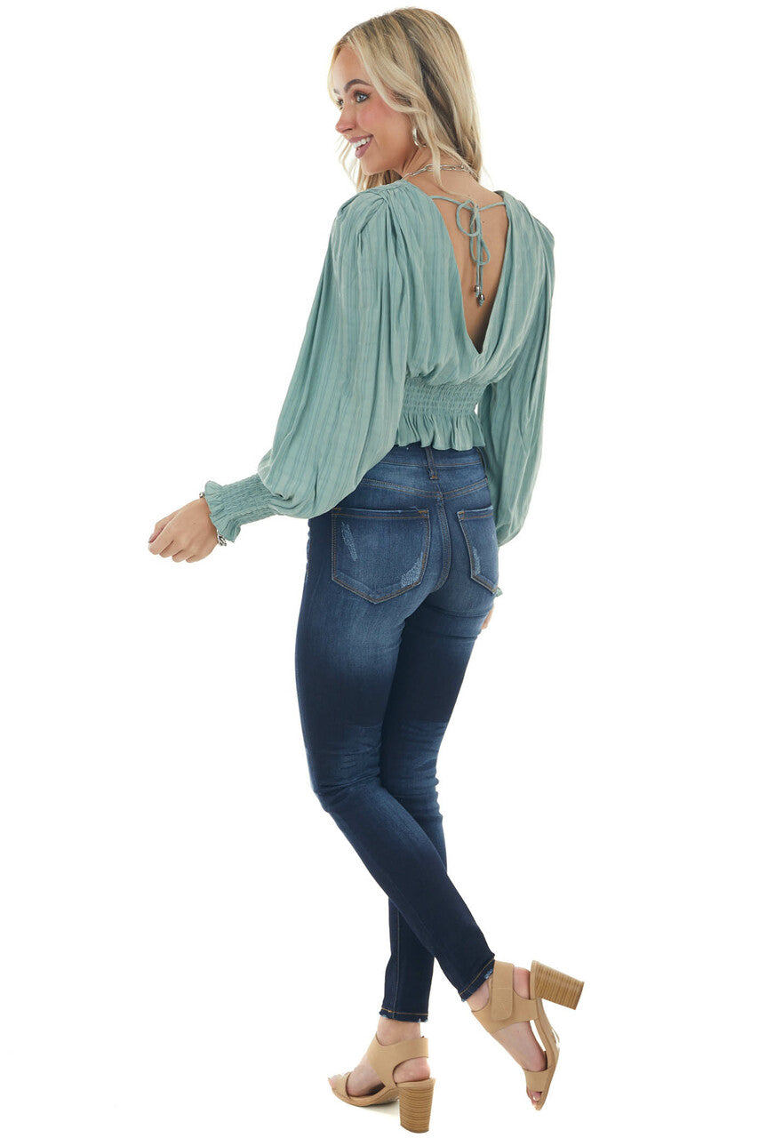 Juniper Green Puff Sleeve Plunging Neck Blouse 