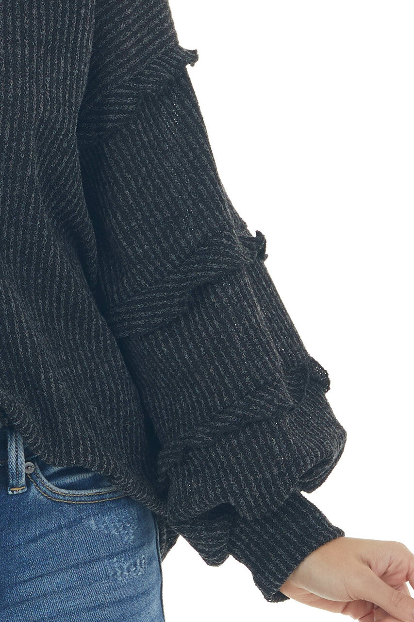 Charcoal Ribbed Knit Top with Ruffle Puff Sleeves