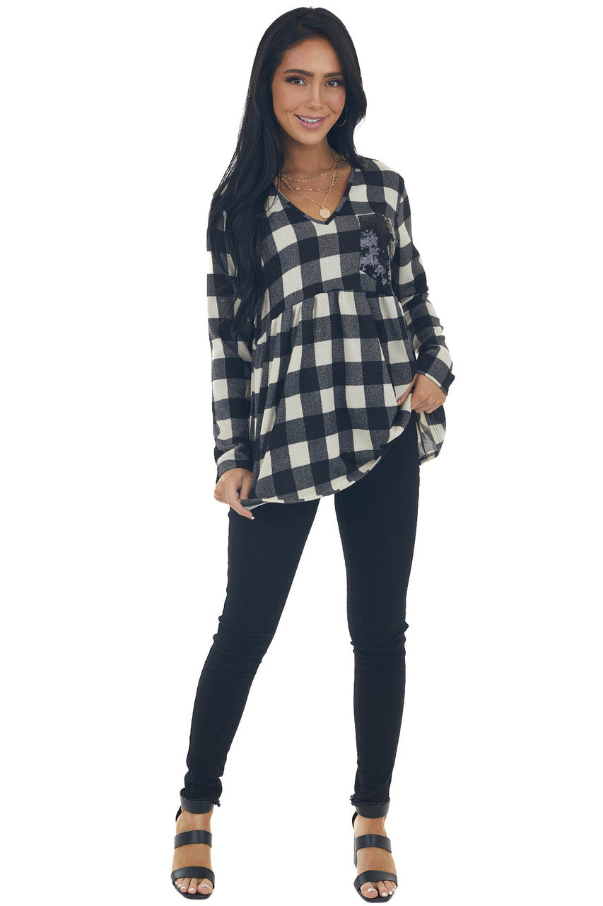 Black Buffalo Plaid Babydoll Sequin Top 