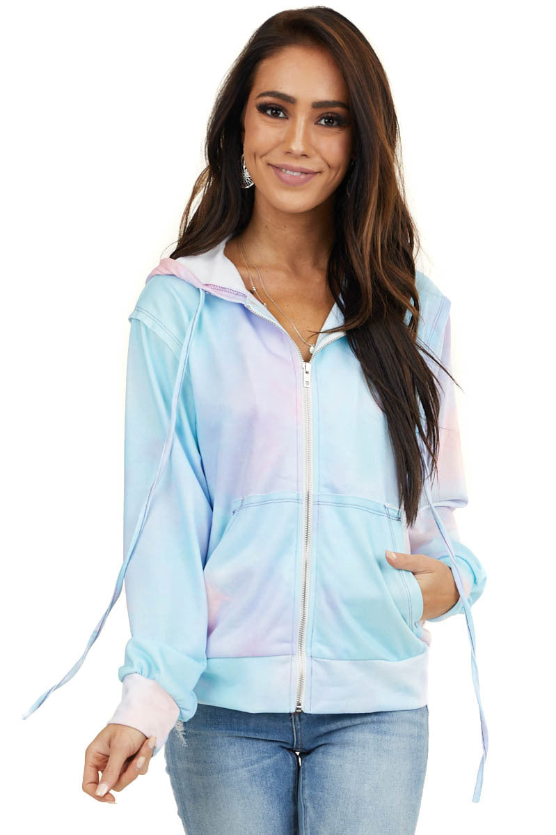 Sky Blue Tie Dye Zip Up Front Hoodie with Drawstrings
