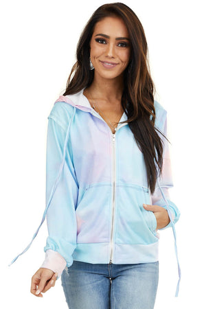Sky Blue Tie Dye Zip Up Front Hoodie with Drawstrings