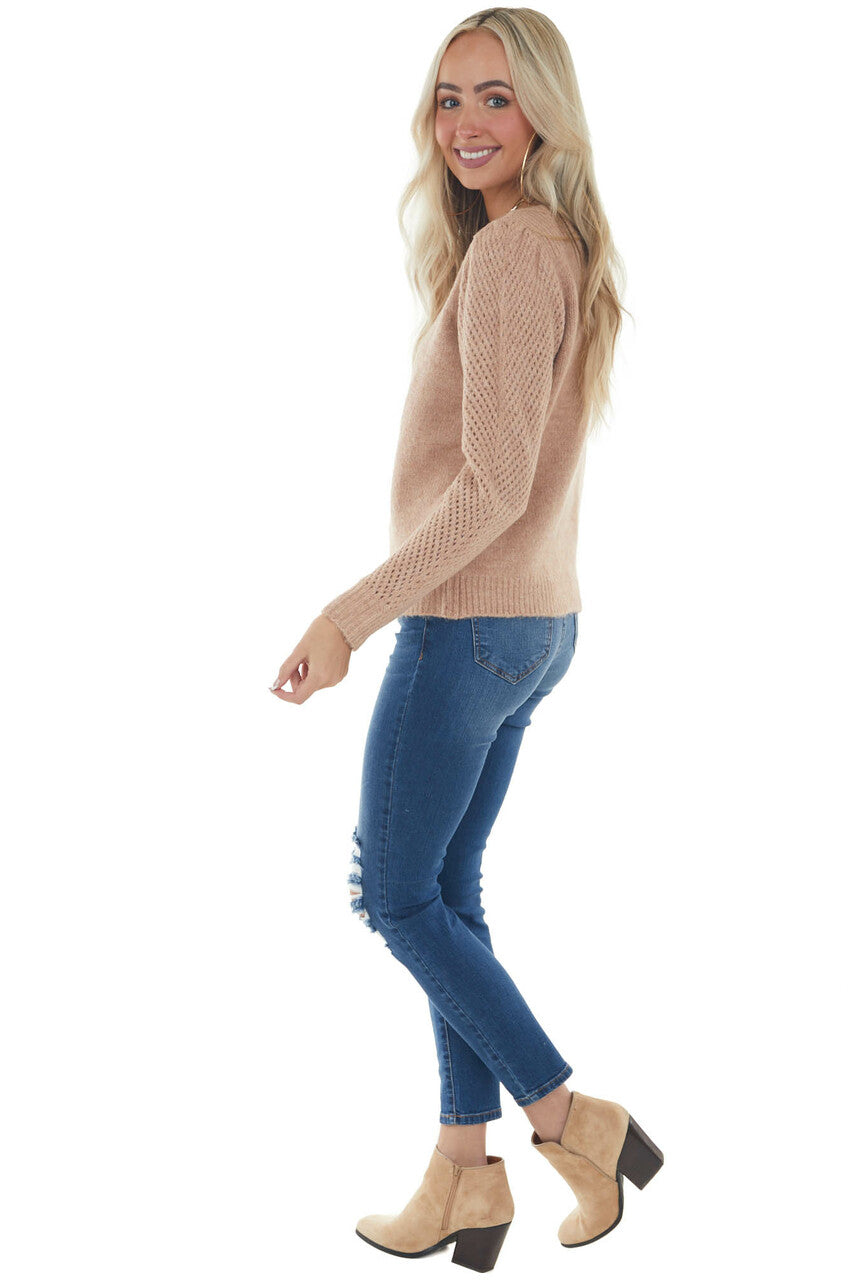 Peach Pink Boat Neck Pointelle Sleeve Sweater 