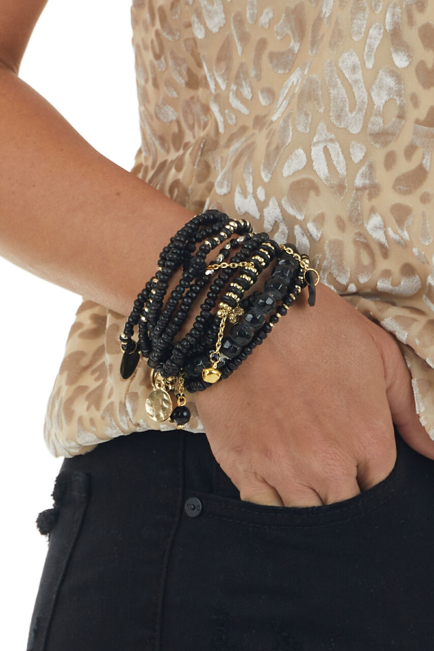 Black Beaded Charm Bracelet Set with Gold Detail