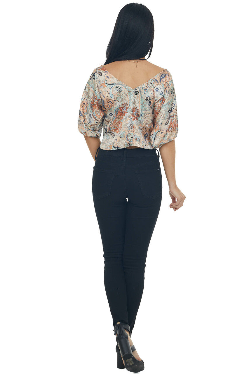 Peach Paisley Ruched Front Cropped Blouse