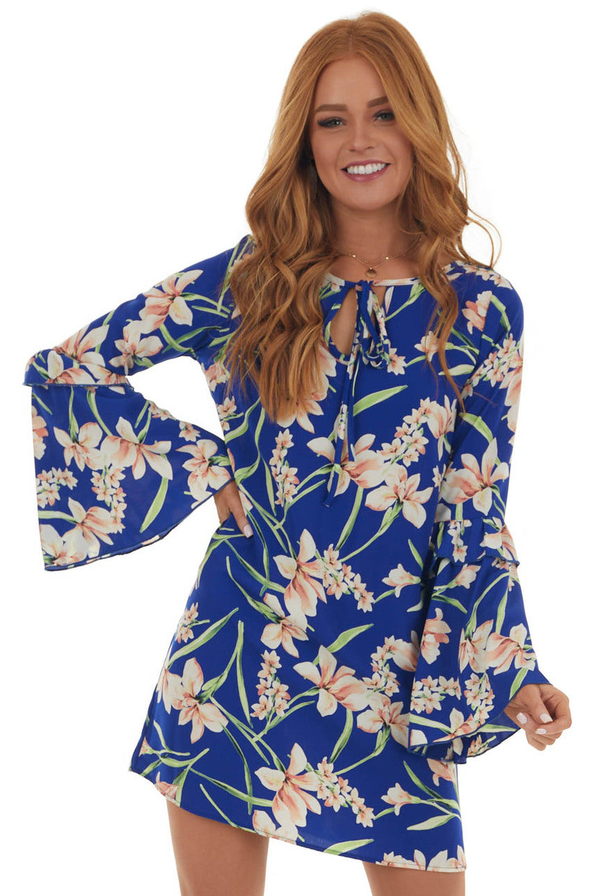 Royal Blue Floral Long Bell Sleeve Short Dress 