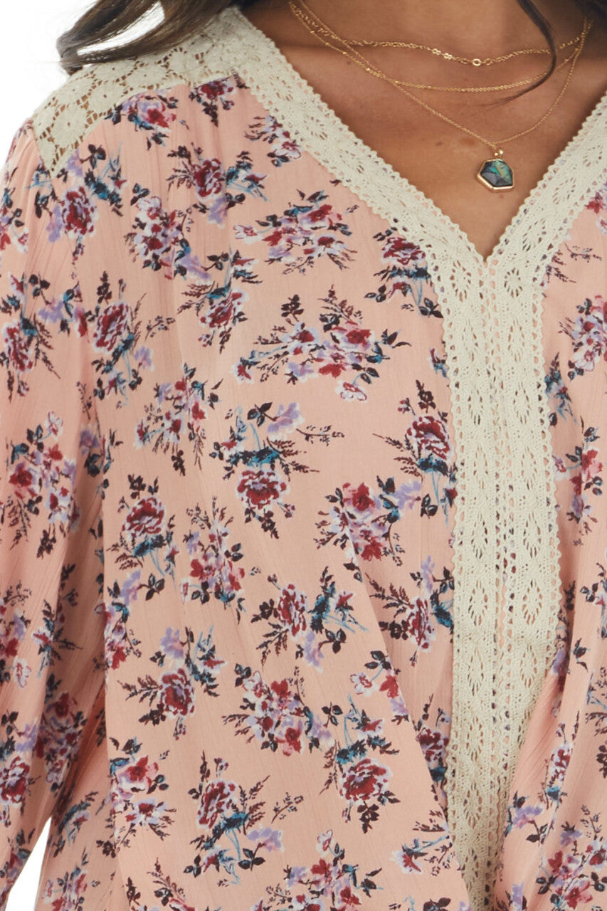 Pale Coral Long Sleeve Floral Front Tie Blouse