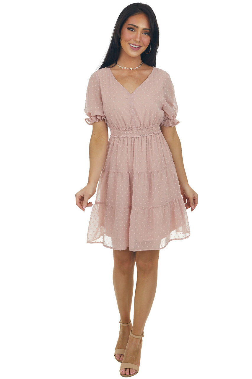 Dusty Blush Puff Sleeve Tiered Swiss Dot Mini Dress