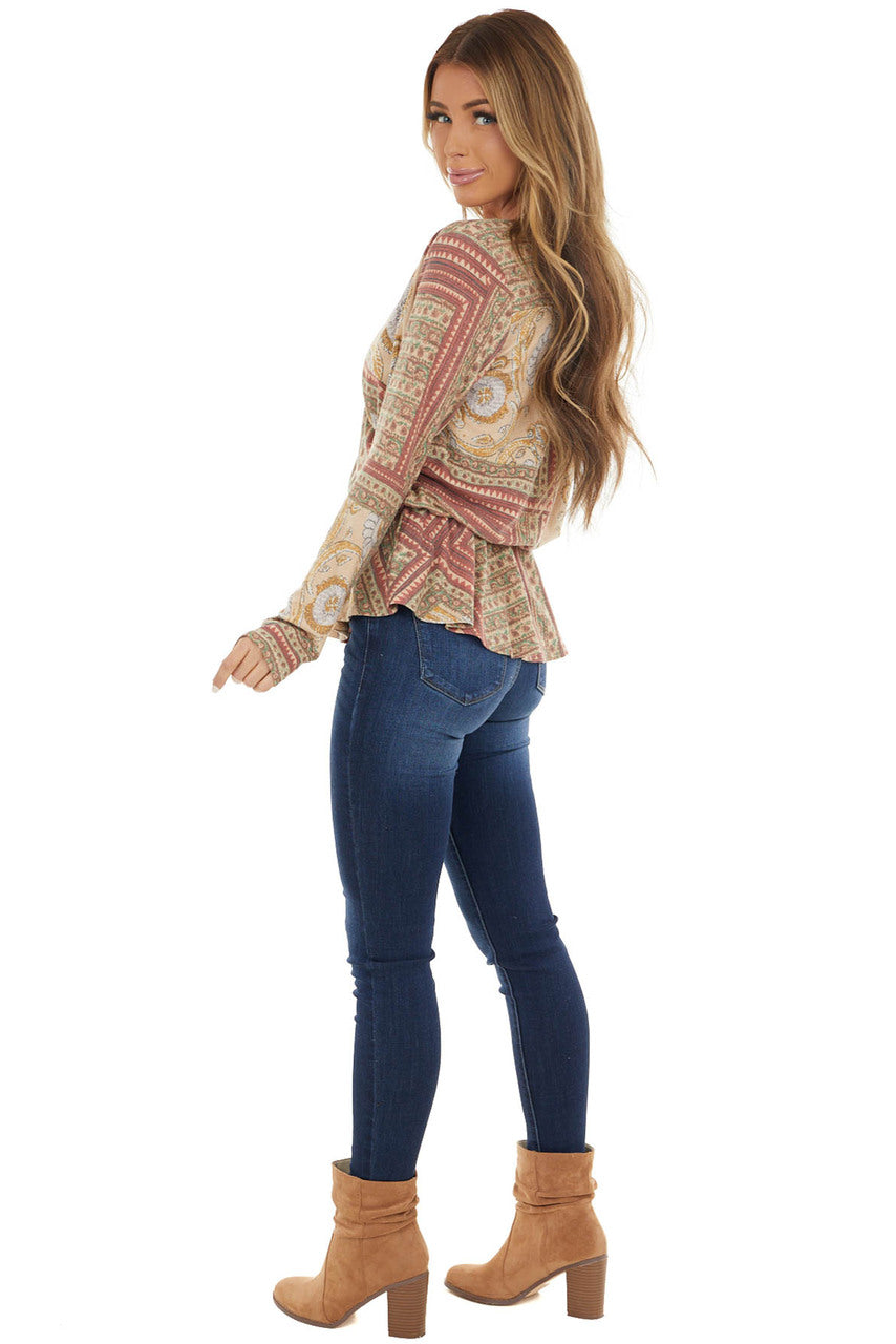 Beige and Marsala Surplice Drop Waist Long Sleeve Top