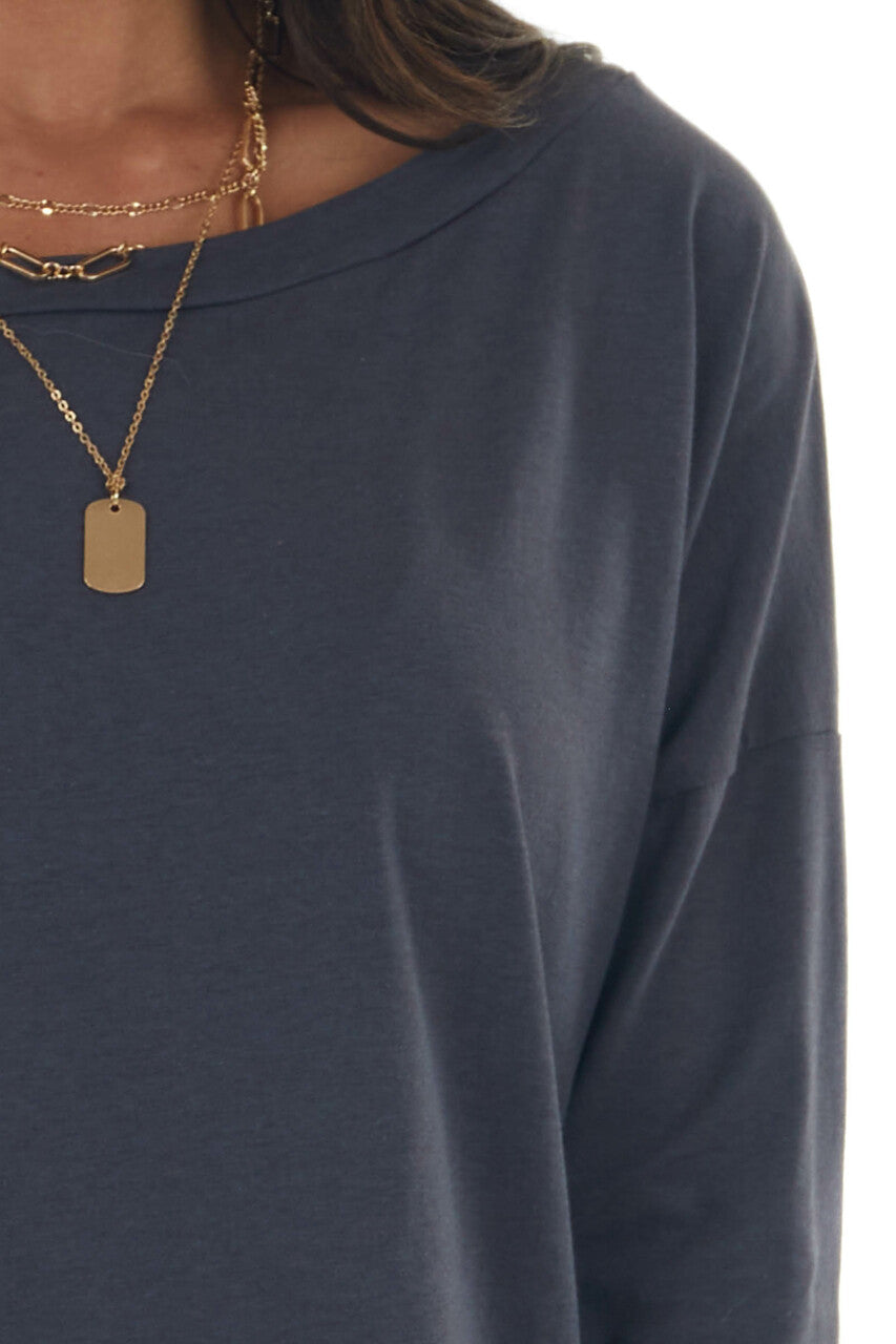 Stormy Blue Lightweight Stretchy Knit Top with Long Sleeves