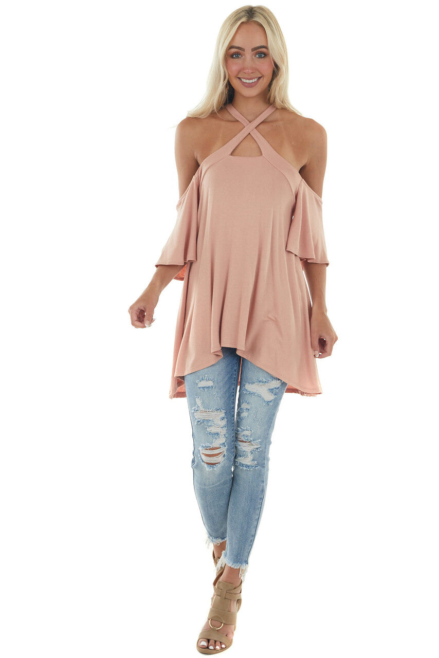 Peach Flutter Sleeve Cold Shoulder Halter Top