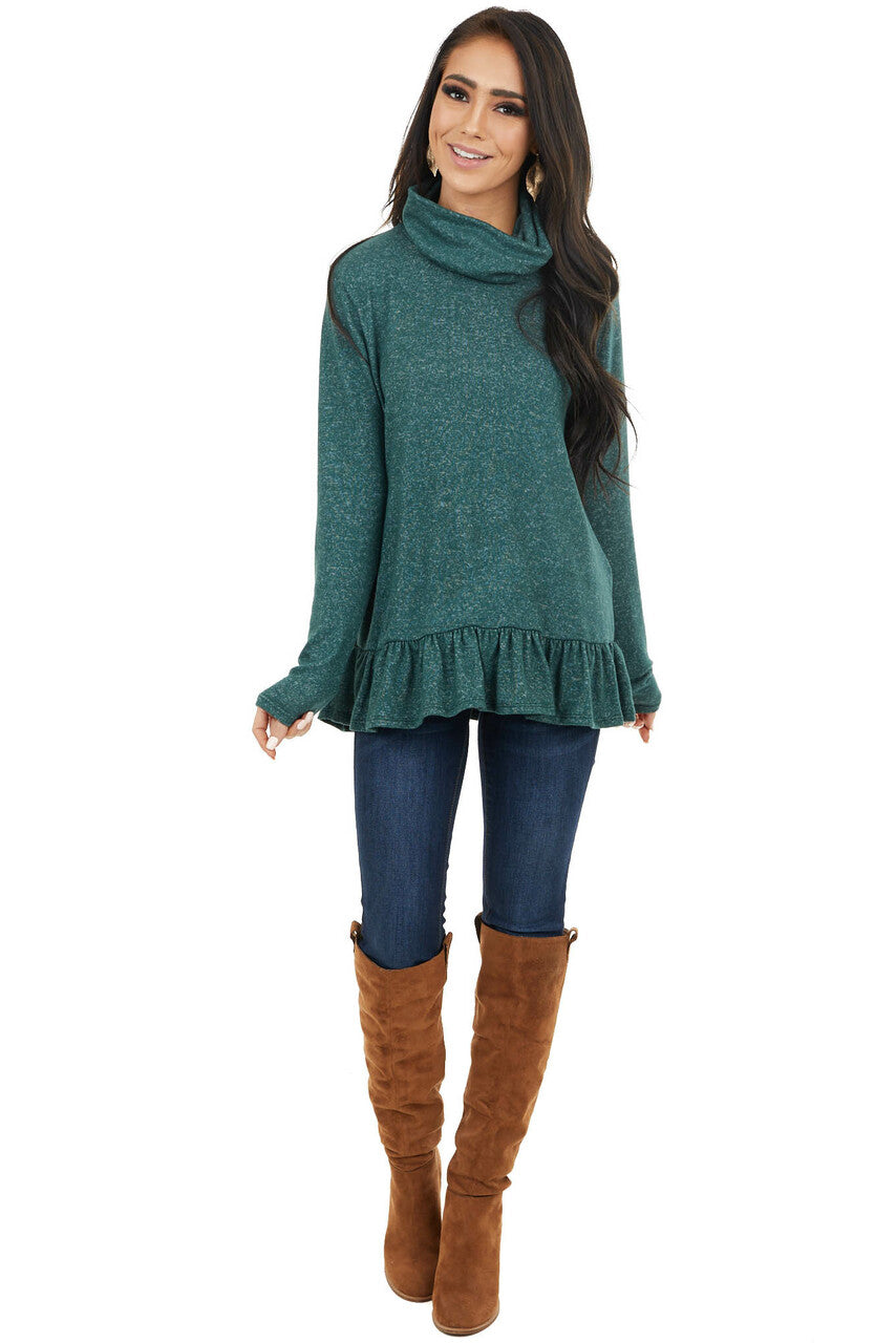 Pine Green Two Tone Cowl Neck Top with Ruffle Hem