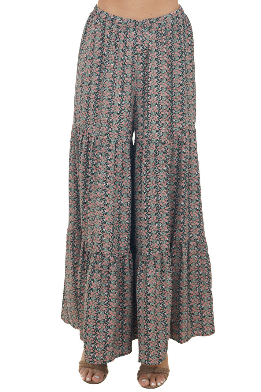 Black Ditsy Floral Tiered Woven Wide Leg Pants