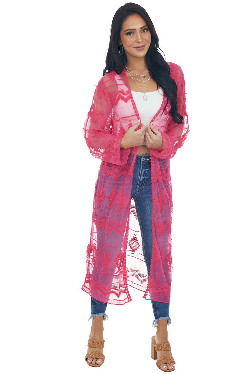 Hot Pink Tribal Lace Open Front Long Sleeve Kimono