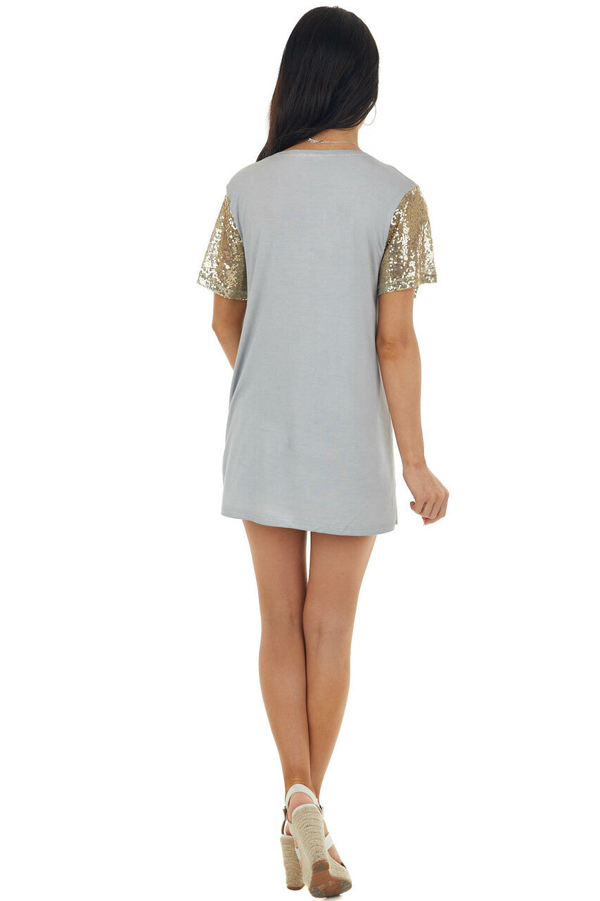 Steel V Neck Top with Short Sequin Sleeves