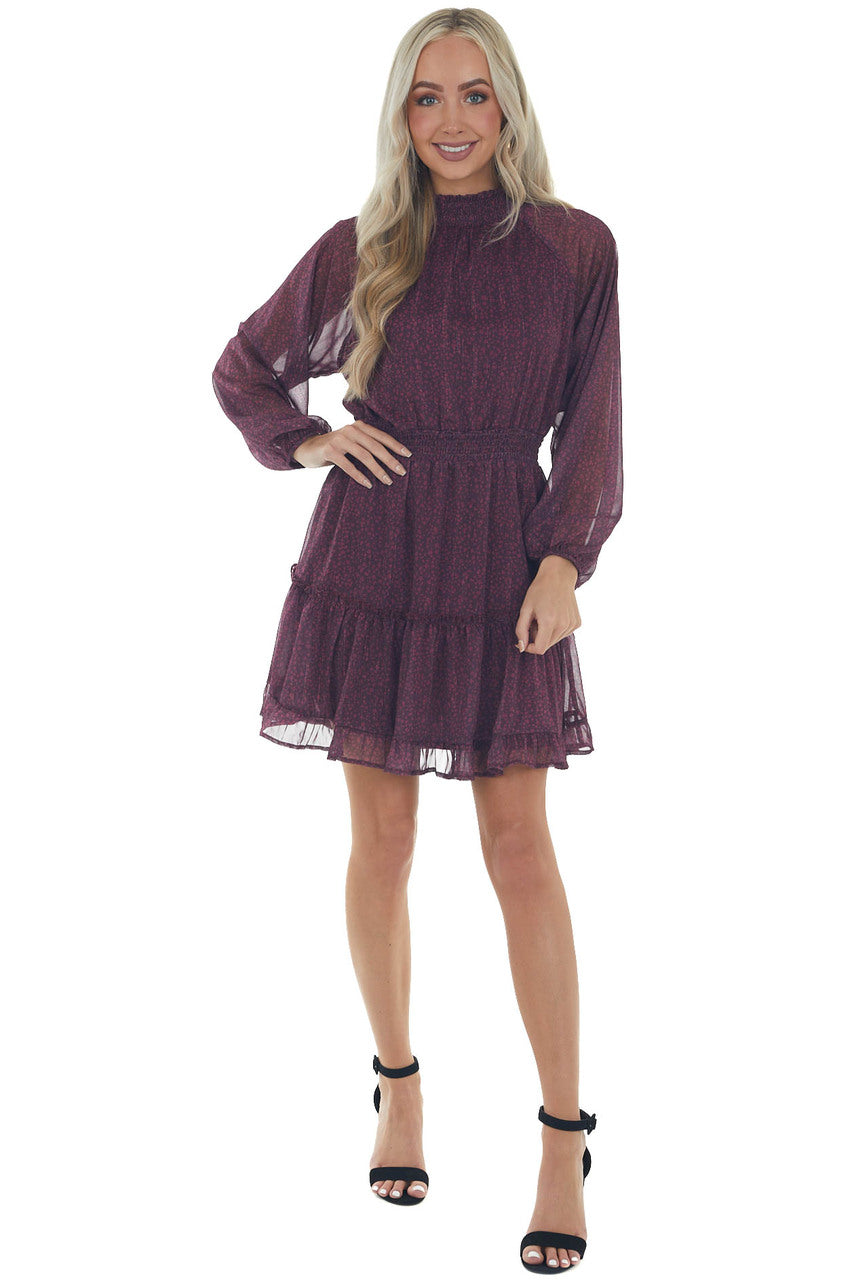 Berry Ditsy Floral Smocked Mock Neck Dress