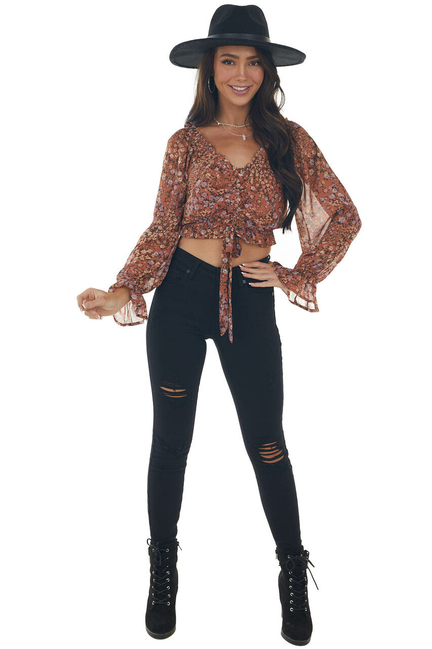 Terracotta Floral Off Shoulder Cropped Top