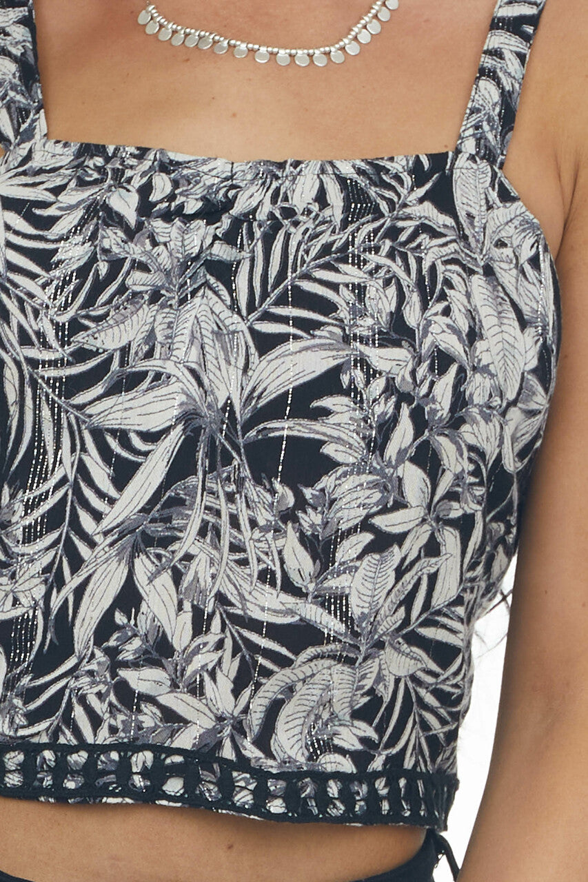 Black and Ivory Floral Sleeveless Crop Top