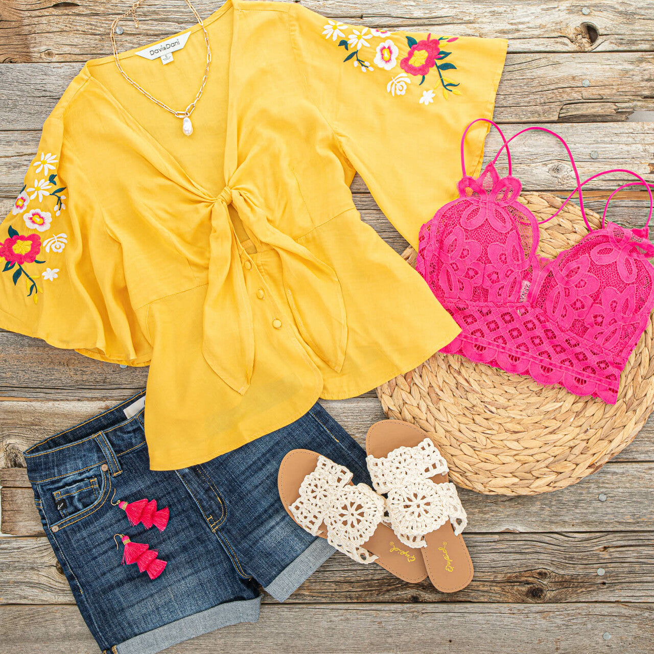 Amber Woven Front Tie Top with Floral Embroidered Details