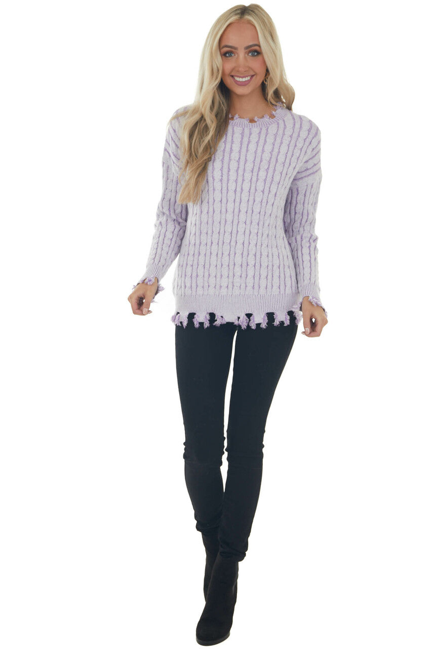 Lilac Cable Knit Distressed Trim Sweater