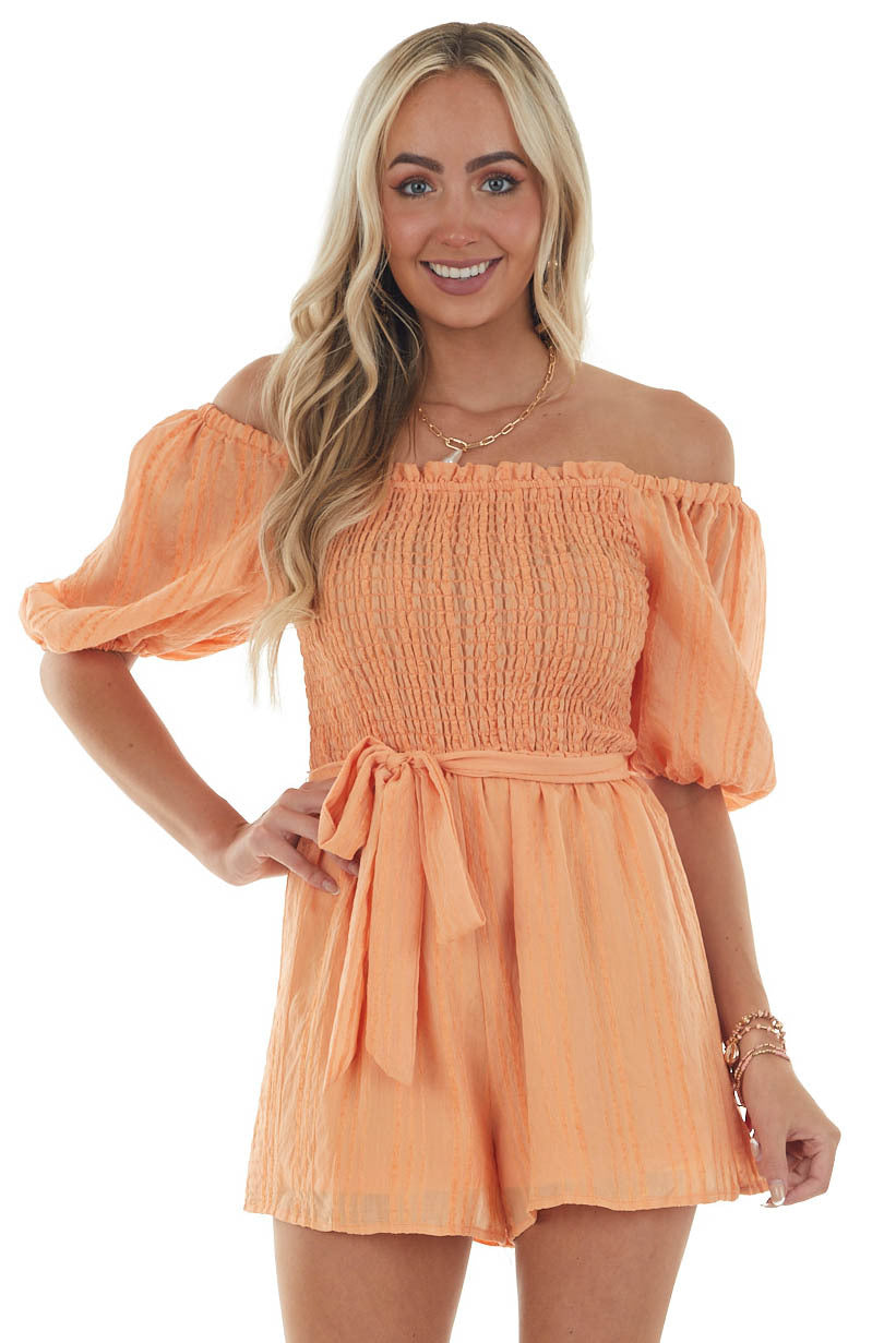 Melon Textured Romper with Short Puff Sleeves