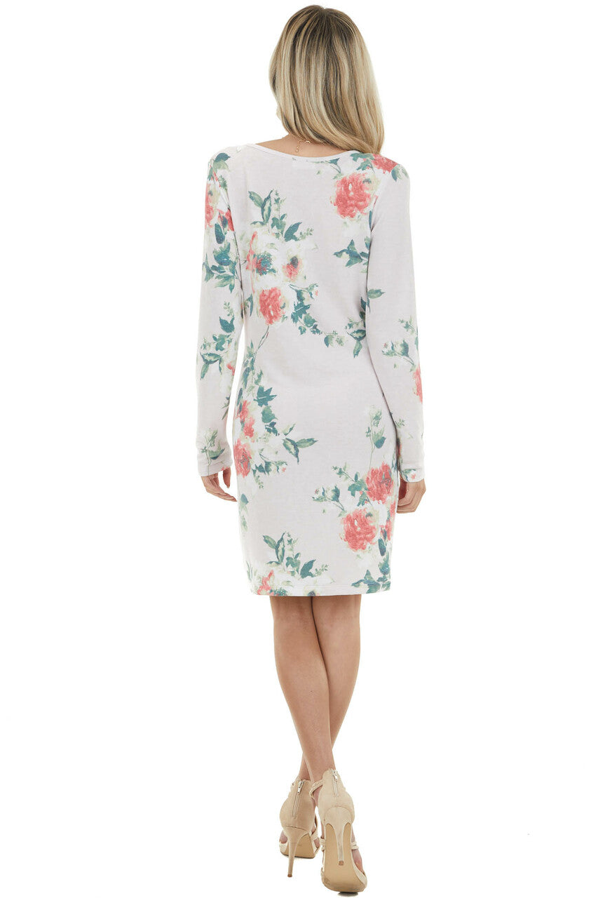 Light Blush Floral Long Sleeve Mini Dress with Front Tie