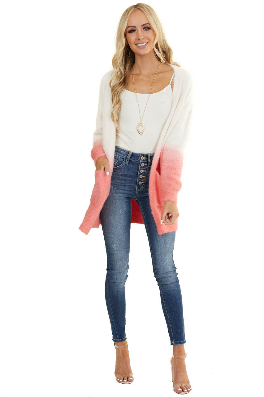 Coral and Ivory Ombre Fuzzy Knit Cardigan with Pockets