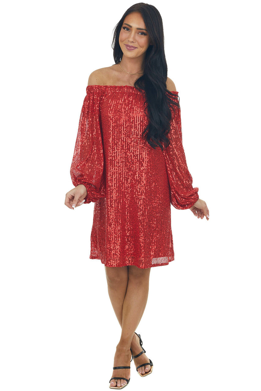 Lipstick Red Sequin Off Shoulder A Line Dress