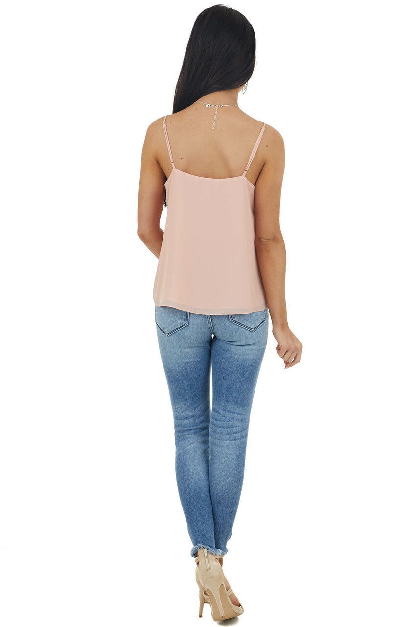 Peach Sleeveless Woven V Neck Camisole with Ruffle Detail 