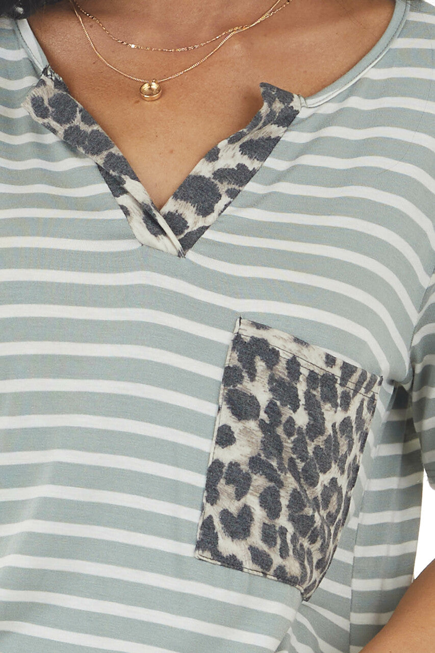 Pearl and Sage Striped Short Sleeve Knit Top with Pocket