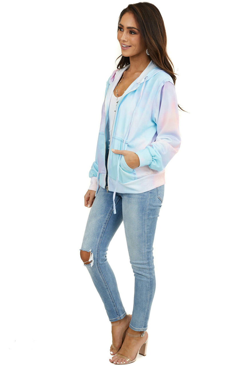 Sky Blue Tie Dye Zip Up Front Hoodie with Drawstrings