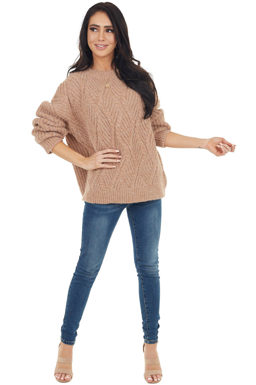 Faded Camel Long Sleeve Textured Knit Oversized Sweater