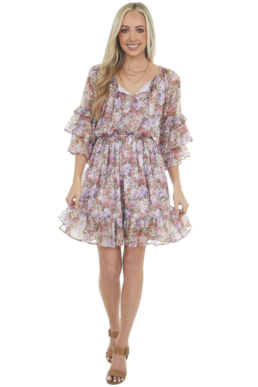 Iris Floral Print Tiered Ruffle Sleeve Dress