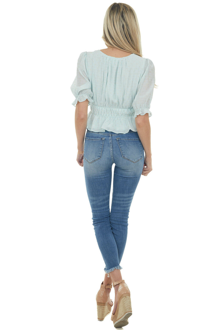 Mint Dot Textured Peasant Sleeve Peplum Top 