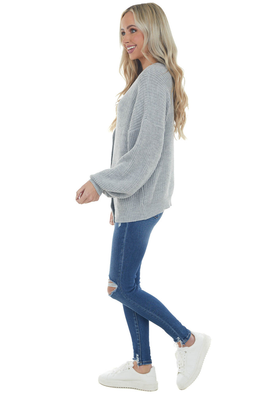 Dove Grey Button Front V Neck Loose Cardigan