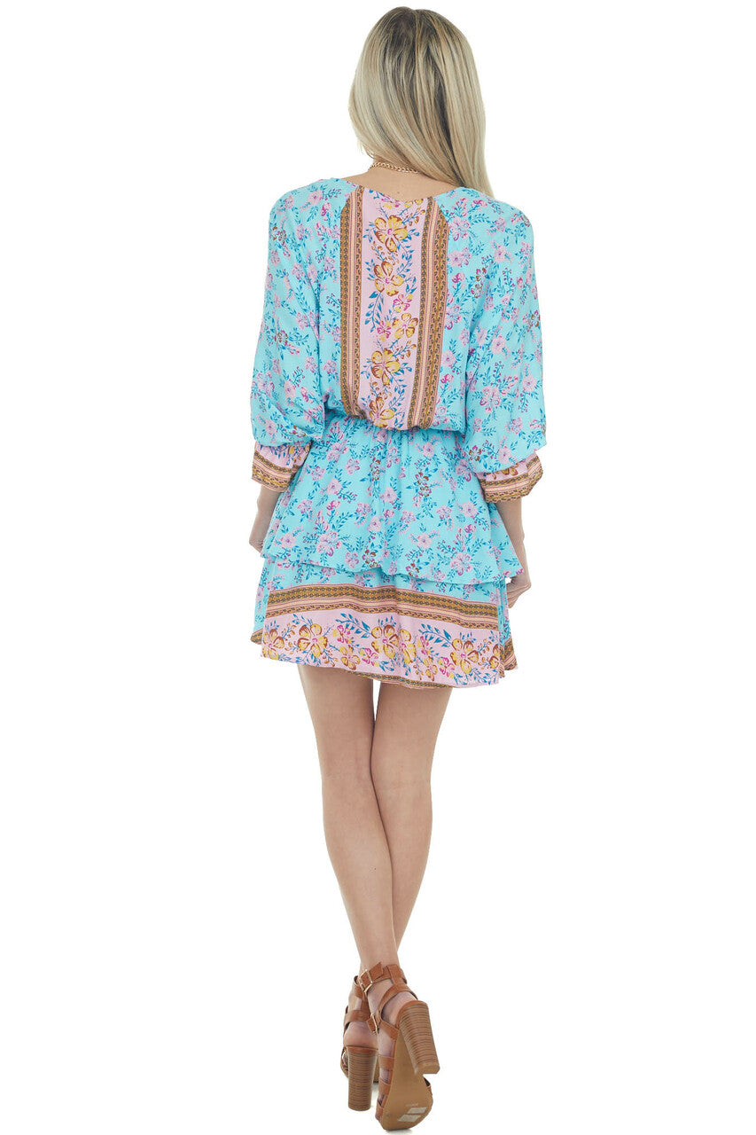 Aqua Floral Print Mini Dress with Overlay Detail