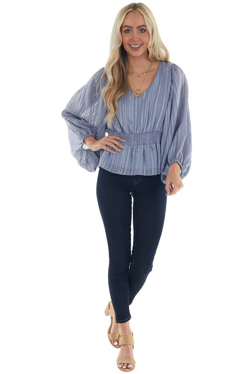 Slate Blue Striped Jacquard Smocked Blouse