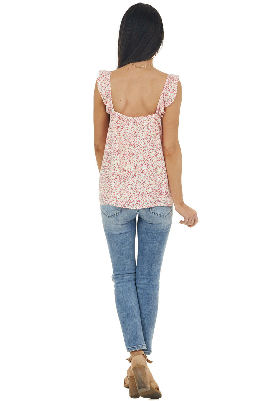 Crimson Red Heart Print Sleeveless Top with Ruffle Detail