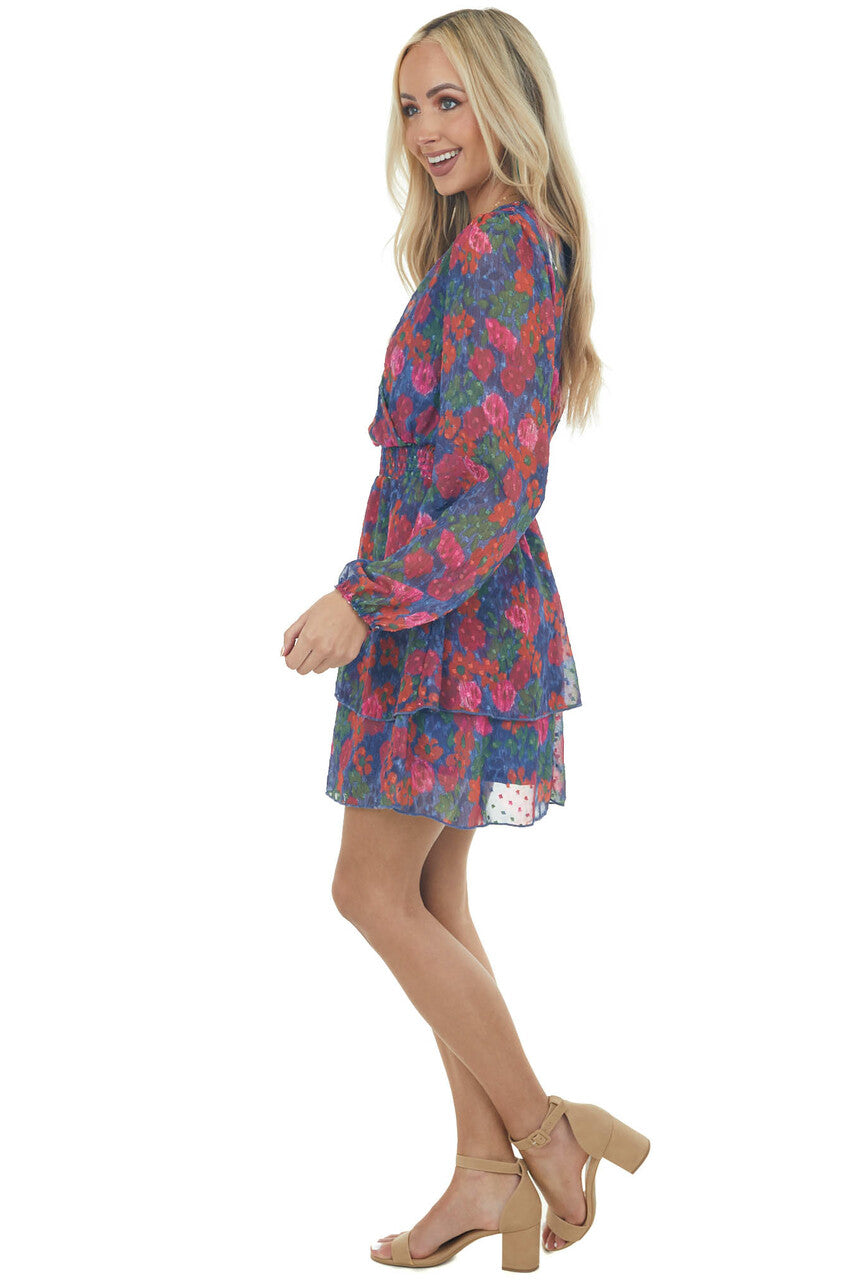 Navy Abstract Floral Swiss Dot Surplice Dress