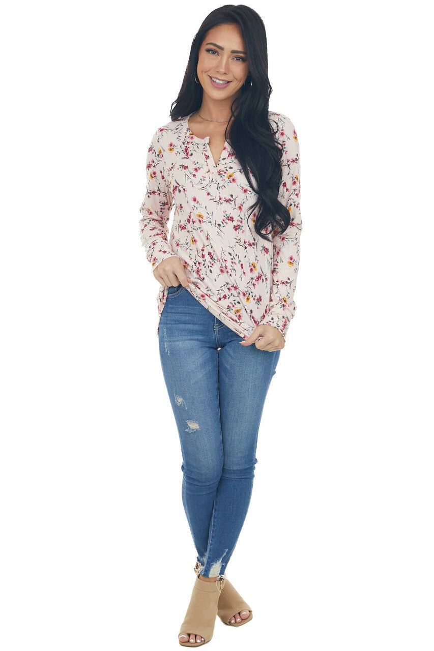 Blush Floral Print Notch Neck Ribbed Knit Top
