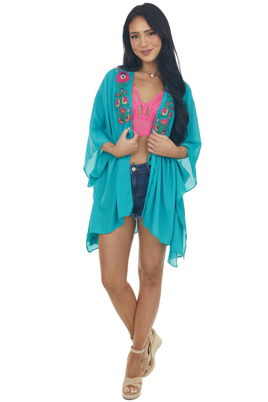 Jungle Green Floral Embroidered Waist Tie Kimono