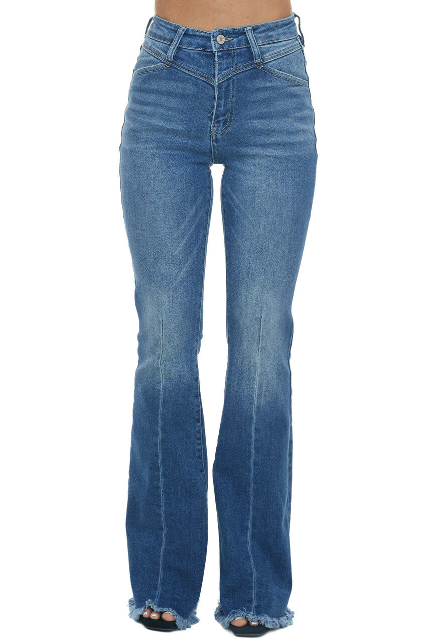 Medium Wash High Rise Frayed Hem Flare Jeans