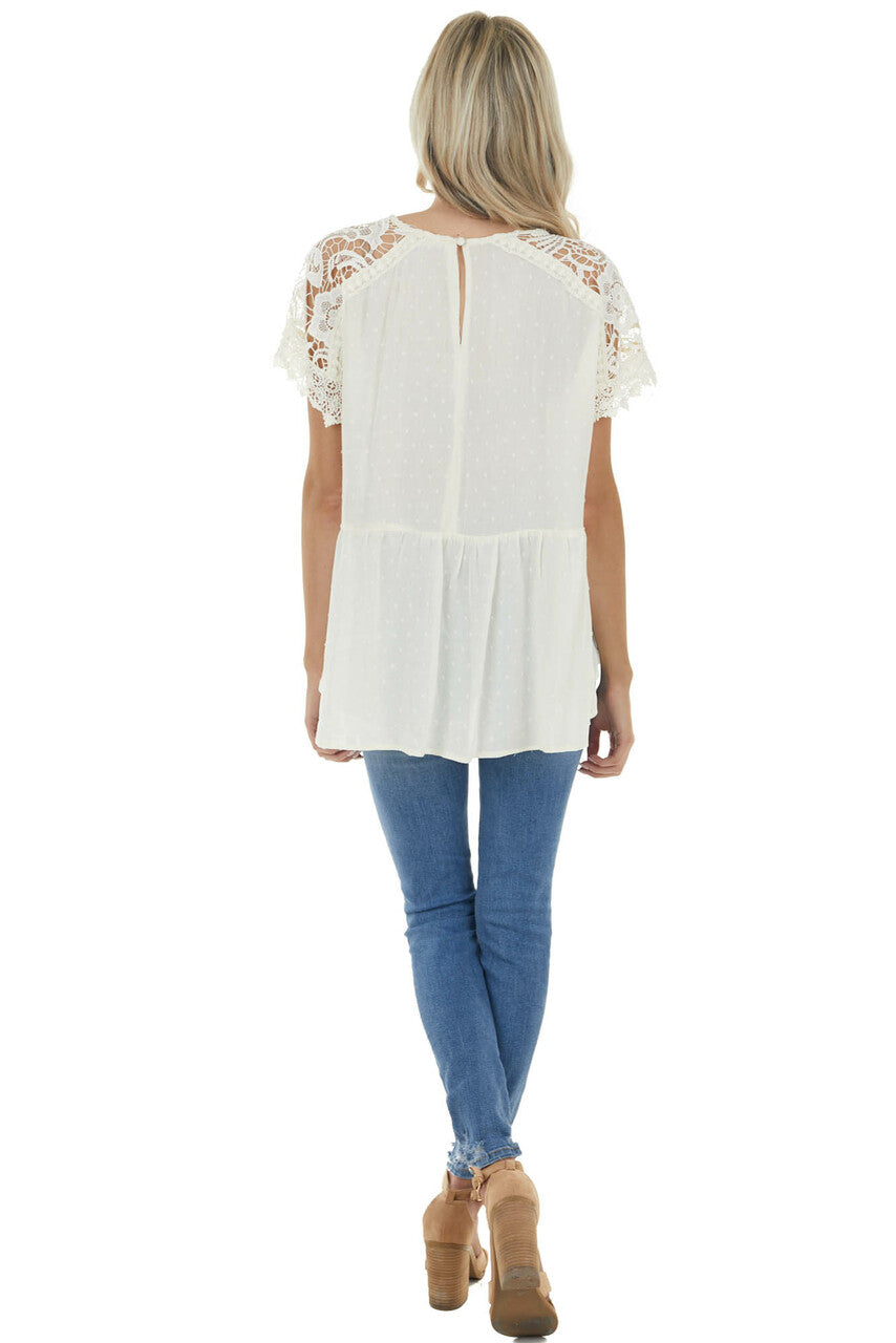 Cream Swiss Dot Woven Top with Lace Short Sleeves